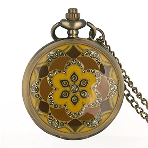 YINGOO 1 Reloj de Bolsillo de Cuarzo nostálgico de Bronce, Reloj de Bolsillo con Flores, Colgante de Collar para Hombre y Mujer, Amarillo Cover