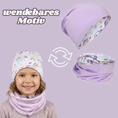 HECKBO Einhorn Beanie Mütze & Kinderschal Set - 95% Baumwolle - Reversible mit Jersey - Übergangszeit Frühling Herbst Winter (48–54 cm)