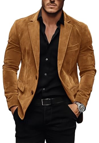 QINYNMU Men's Suede Blazer 2 Button Casual Suit Jacket Khaki