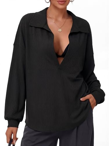 Mepase Women Oversized Deep V Neck Shirt 2026 Spring Casual Ribbed Knit Pullover Long Sleeve Collared Sexy Trendy Top(Black,L)