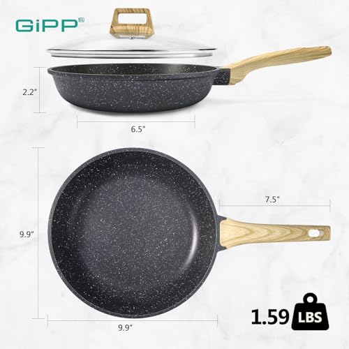 Image of GiPP Nonstick Frying Pan Skillet with Lid - 9.5 inch Grey Granite Non Stick Pans, Omelette Pan with Heat-Resistant Handle, Compatible with All Stovetops, PFOA Free