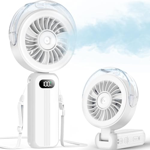 Image of Otlonpe Personal Handheld Misting Fan Portable Powerful High Speed, Small Rechargeable Cooling Mister Fan Water Spray Mist, 4000mAh Battery Operated for Travel Indoor Outdoor Hand Held Desk (White)