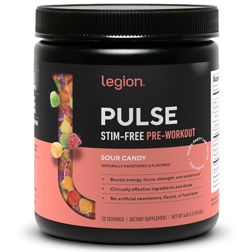 LEGION Pulse Pre Workout Supplement - All Natural Nitric Oxide Preworkout Drink to Boost Energy, Creatine Free, Naturally Sweetened, Beta Alanine, Citrulline, Alpha GPC (Caffeine Free Sour Candy)