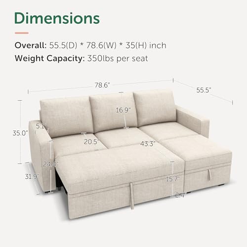 Image of HONBAY Modular Sectional Sleeper Sofa with Pull Out Bed, L Shaped Couch with Storage Seat, Modular Sectional Couches for Living Room - Beige