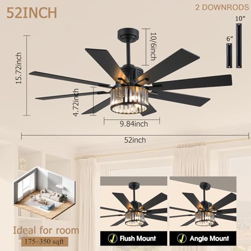 Image of NKPU 52 Inch Farmhouse Crystal Ceiling Fans with Lights and Remote, Chandelier Industrial Ceiling Fan with Dual 8 Blades, 6 Speed Reversible Motor, Timing, Black Ceiling Fan for Living room Bedroom
