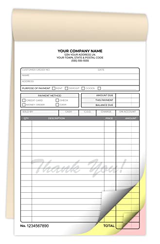 Custom 5.5" x 8.5" Carbonless NCR Books in 3-Part Triplicate Invoices, Receipts, Work Orders, Sales Orders, Purchase Orders, Estimates, Quote Forms with Your Company/Business Name (1200 Sets)