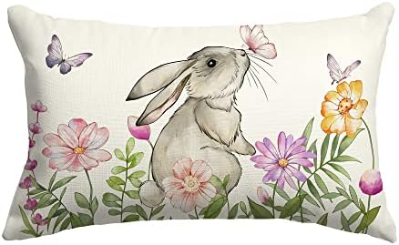 LOMCHEN Easter Pillow Covers 12x20 inch Watercolor Easter Floral Bunny Rabbit Spring Flowers Butterfly Easter Decorative Throw Pillow Cover Spring Easter Cushion Case Decorations for Sofa Couch