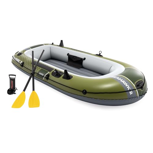 INTEX 66332EP Seahawk 2 Inflatable Boat Set: Includes Deluxe 48in Aluminum Oars and High-Output Pump – SuperStrong PVC – Fishing Rod Holders – 2-Person – 520lb Weight Capacity