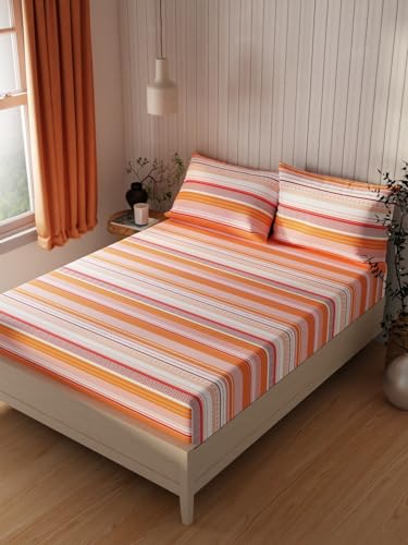 Image of KOPA Extra Smooth Cotton Double Bedsheet with 2 Pillow Covers -3pc Set (Lopez) | Extra Smooth Cotton | 1 Double Bedsheet with 2 King Size Pillow Covers Stripe-Orange /Multi