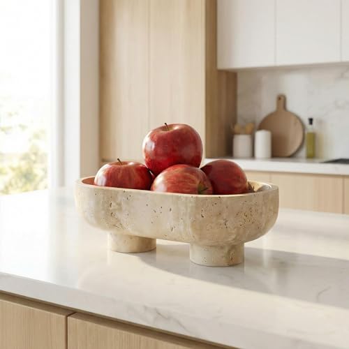 STONE COUTURE - Natural Travertine Fruit Bowl with Stand, Island Centerpiece Kitchen Decor, Key Bowl for Entryway Table, Decorative Modern Organic Home Entry Large Bowls for Keys 10\" Food Safe FDA