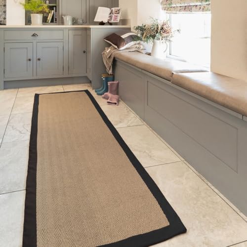 Jute Black Cotton Bordered Hallway Runners Rugs Brown Beige Herringbone Chevron Rubber Backed Bedroom Livingroom Living Home Area Rug 70cm x 240cm (2ft 4" x 7ft 10")