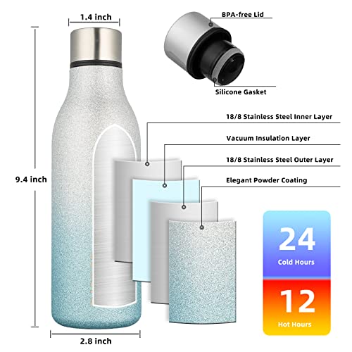 Image of BJPKPK Insulated Water Bottles, 18 oz Stainless Steel Metal Water Bottle with Strap, BPA Free Leak Proof Jugs,Mugs,Flasks, Reusable Thermal Flasks for Sports & Travel, Sparkling Silver Blue