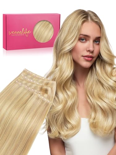 WENNALIFE 3PCS Butterfly Weft Hair Extensions Human Hair 24 Inch 120g Light Blonde Highlighted Golden Blonde Genius Sew in Hair Extensions Real Human Hair Add Volume and Length Invisible Extensions