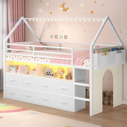 BTHFST Twin Size Loft Bed for Kids, 8 Storage Drawers & LED Lights, House Shaped Metal Bed with...