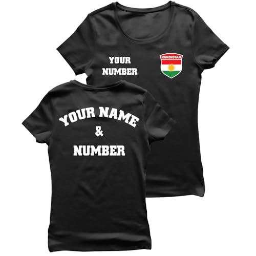 lepni.me Personalisiertes Damen-Fußballtrikot Kurdistan T-Shirt| Name und Nummer | Kurdische Flagge, Abzeichen | Fußball-Europameisterschaft 2024 (M Schwarz Mehrfarben)