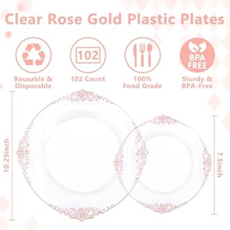 102PCS Rose Gold Plastic Plates - Clear Rose Gold Plate - Heavy Duty Disposable Plates - Fancy Disposable Dinner & Dessert Plate for 51 Guests for Party & Wedding & Valentines