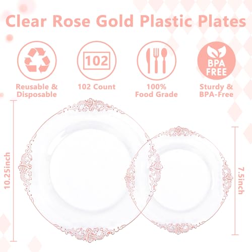 102PCS Rose Gold Plastic Plates - Clear Rose Gold Plate - Heavy Duty Disposable Plates - Fancy Disposable Dinner & Dessert Plate for 51 Guests for Party & Wedding & Valentines