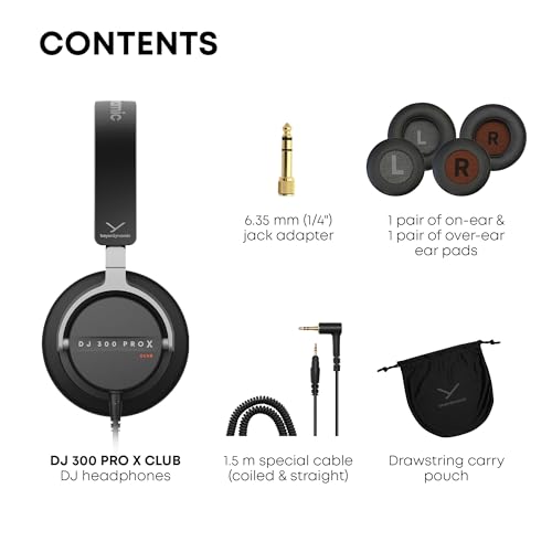 Image of beyerdynamic DJ 300 PRO X Club Professional DJ Headphones 2-in-1 On-Ear and Over-Ear Ear Cups Included. 45 mm Driver, Foldable, Detachable 4.9 Ft Cable, 1 /8 inch Jack w 1 /4 inch Adapter, Black & Silver