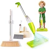 Lullulii Kids Spray Mop,Toddler Mop Cleaning Set, Real Working Mini Mop & Kids Broom Dustpan Set, Housekeeping Pretend Play Toy, Montessori Kid Cleaning Toy Set Includes Organizer Clip -Green