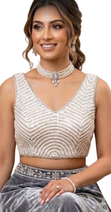 Women’s Pearl Embellished Designer Saree Blouse | Premium Handwork Pearl Blouse for Women | Padded Readymade Blouse with Deep Back & Dori | Wedding Blouse (Silver White)-picture-36