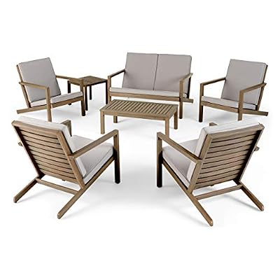 Great Deal Furniture GDFStudio Outdoor 6 Seater Acacia Wood Extended Chat Set, Gray Finish and Gray