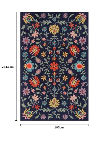 Image of Floral Pattern Wool Carpet with Loop Texture Yarn Anti Shedding Carpet Size 6x9 Feet A3 Blue & Multi