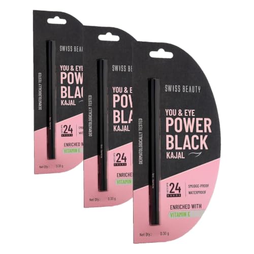 Image of SWISS BEAUTY You & Eye Power Black Pencil Kajal | Waterproof & Smudge-Proof | 24 Hour Stay | Matte Finish Black Kajal | 0.30gm (Pack of 3)