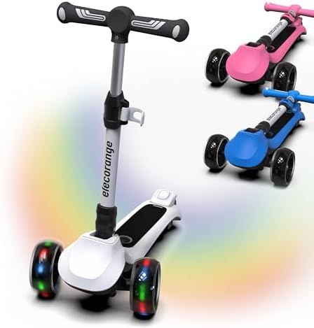 Elecorange Kid Scooter Electric Ages 4-9, Light Up 3 Wheels, Ride On Toys for Kid 4-8, 3 Wheel Electric Scooters for Kids, KickScooter for Children 5-7, Christmas Birthday Gift for Kids, Black, White