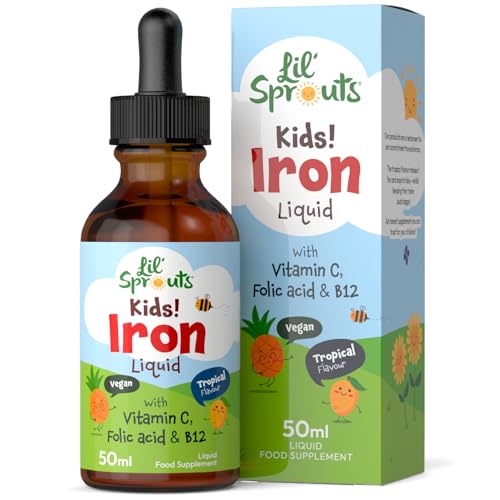 Iron Drops for Kids | 50mL | with Vitamin C, B12, and Folic Acid | Tropical Flavoured Liquid Food Supplement | 10mg of Iron Per Serving | Vegan | by Lil' Sprouts