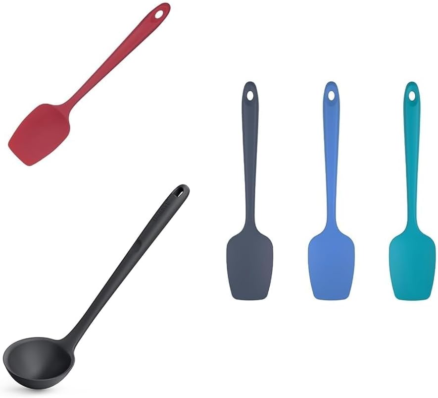 U-Taste 60℉ Heat Resistant Silicone Spoon Spatula (Red), Spoon Spatula Set of 3 (Multicolor) and 13 inch Soup Ladle (Black)