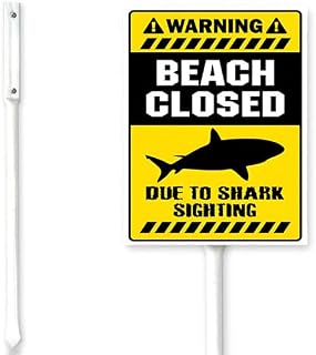 Bidesign (8X12) IN Beach Closed Due To Shark Sighting Sign With Metal Stake Warning Beach Tin Sign Stand For Outside Signs Outdoor Decorations