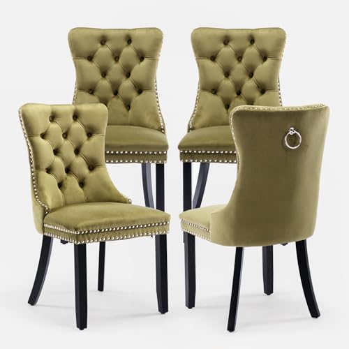 SoarTalent Velvet Upholstered Dining Chairs Set of 4, Modern Style Kitchen Side Chairs with Nailhead Trim and Wood Legs,Metal Pulling Ring for Dining Room Living Room(Olive Green,Set of 4)