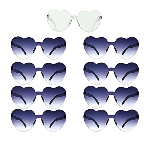 KIDZVEFUN Bachelorette Party Favors, Heart Sunglasses, 9 Pack Heart Shaped Rimless Transparent Cute Fun Sunglasses for Women Valentines Day Gifts Party Supplies (1 White+8 Black)