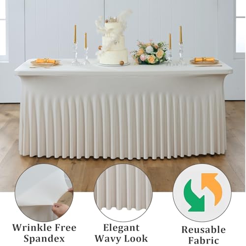 Htper 6 Pack Beige Spandex Tablecloths for 6 Foot Rectangle Tables, Wrinkle Free Stretchy Table Cloths 6ft Fitted Table Cover DeskSkirt for Weddings Birthday Party Banquet Baby Shower by Htper - Used condition - Image 3