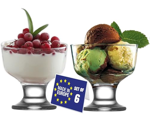 NORDIC SCHILLER Juego de 6 cuencos de helado modernos de cristal con pie, 285 ml, 100% libres de burbujas, cuencos de postre, vasos de helado, vasos de postre con pie, copas de helado