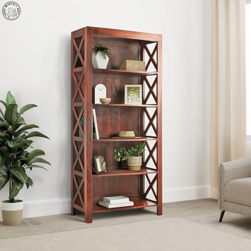 SHRI MINTU'S ART Wooden Bookshelf for Living Room | Bookshelf 5 Tier Ladder Book Cabinet Corner Shelf, Bookshelf for Home Decor | Solid Wood Sheesham, Honey Finish