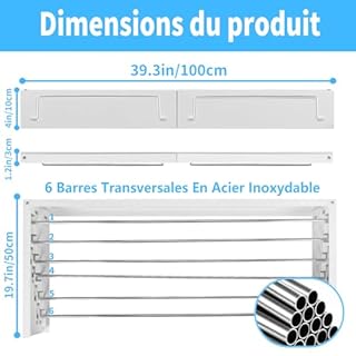 OUUTMEE 100CM Séchoir à Linge Mural, Étendoir à Linge Pliable pour Intérieur et Extérieur, Rétractable Etendoir Linge Mural avec 6 Tiges, Economiseur d'Espace Design (Blanc)
