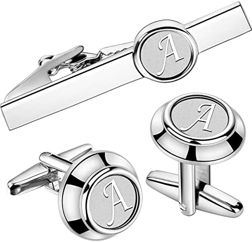 Silve Cufflinks and Tie Clip Set for Men Tuxedo Shirt Necktie Initial Letter A Engraved Tie Set Formal Business Wedding Tuxedo Shirts