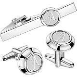 Silve Cufflinks and Tie Clip Set for Men Tuxedo Shirt Necktie Initial Letter A Engraved Tie Set Form
