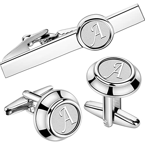 Silve Cufflinks And Tie Clip Set For Men Tuxedo Shirt Necktie Initial Letter A Engraved Tie Set Formal Business Wedding Tuxedo Shirts #TOP11