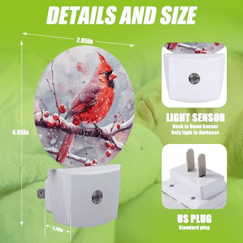Image of Red Cardinal Bird Night Light,Chrismas Snow Night Lights Plug into Wall for Kitchens Toilets Bedroom Decorative Half Round Nightlight Led Lamp 0.5W Sleep Friendly