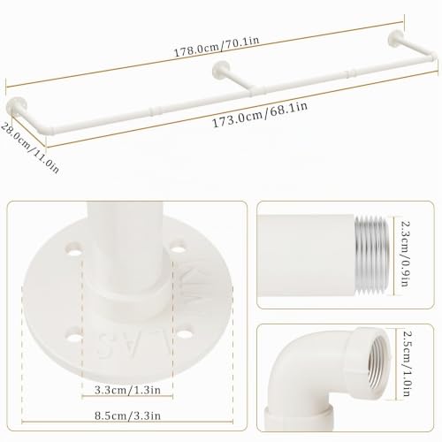 Yawinhe 178cm Kleiderstange Wandmontage,2 Pack Garderobenstange,Cremefarbe – Ansicht 5