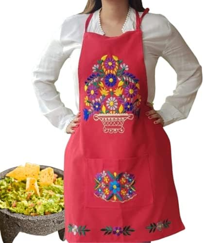 Mexican red apron women, Embroidered flower kitchen pinafore, 100% Cotton Neck Strap, Mexico Restaurant Food Taco tuesday Cinco Mayo Waitress Chef Grill Bake BBQ Apron Tamales Guacamole Avocado Nachos