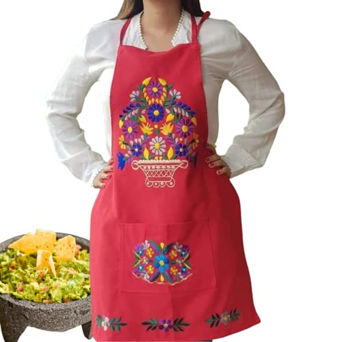 Mexican Red Apron Women, Embroidered Flower Kitchen Pinafore, 100% Cotton Neck Strap, Mexico Restaurant Food Taco Tuesday Cinco Mayo Waitress Chef Grill Bake Bbq Apron Tamales Guacamole Avocado Nachos #TOP7