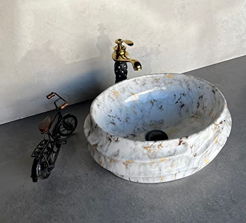 Image of Designer Glossy Finish Ceramic Art Table Top Wash Basin For Bathroom | Collapsible Countertop Washbasin (Black White Glossy Art, 16 x 13 x 6 Inch)