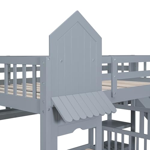 Full-Over-Full Bunk Bed, Castle Style Bunk Bed with 2 Drawers and 3 Shelves, Solid Wood Bunk Beds with Slide and Storage Staircase, Playhouse Low Bunk Bed for Kids Teens (Gray-O273)