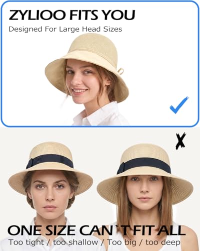 Image of Zylioo Large Size Straw Sun Hat for Women, XL Wide Brim Summer Beach Hat 22.8 inch-24 inch, Packable Travel Hat with Fabric Brim