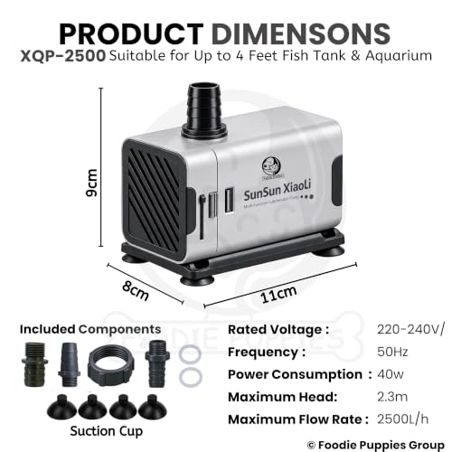 Image of Foodie Puppies Aquarium Submersible Water Pump - (XQP-2500) | 2500L /h 40 Watt Motor | Ultra-Silent, Multi-Function Powerful Water Circulation Pump Suitable for 4 Feet Fish Tank, Aquarium