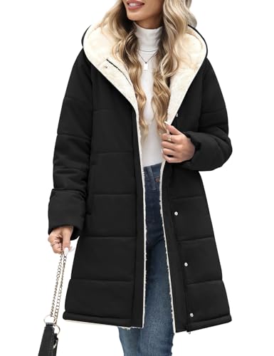 VXVGER Women Winter Down Coat Fleece Long Warm Jacket Hooded Parka Puffer Coat Padded Fashion Outerwear(Black,M)