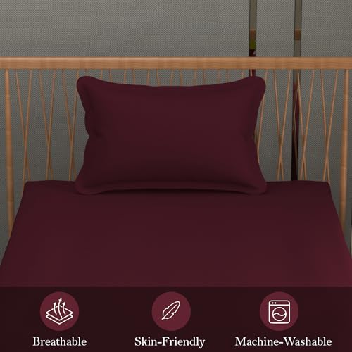 Image of FRESH FROM LOOM Anti Fade Solid Plain 240 TC Single Size Bedsheet Set with 1 Pillow Cover - Soft Fabric (Size- 60 x 90 inch | Wine| Solid)